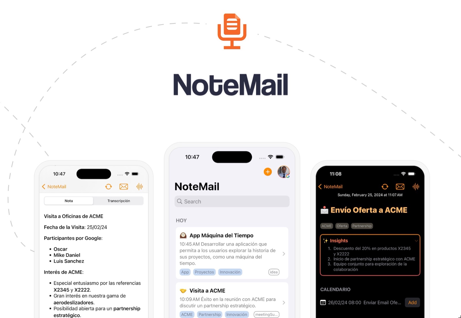 NoteMail app shown on three iPhones